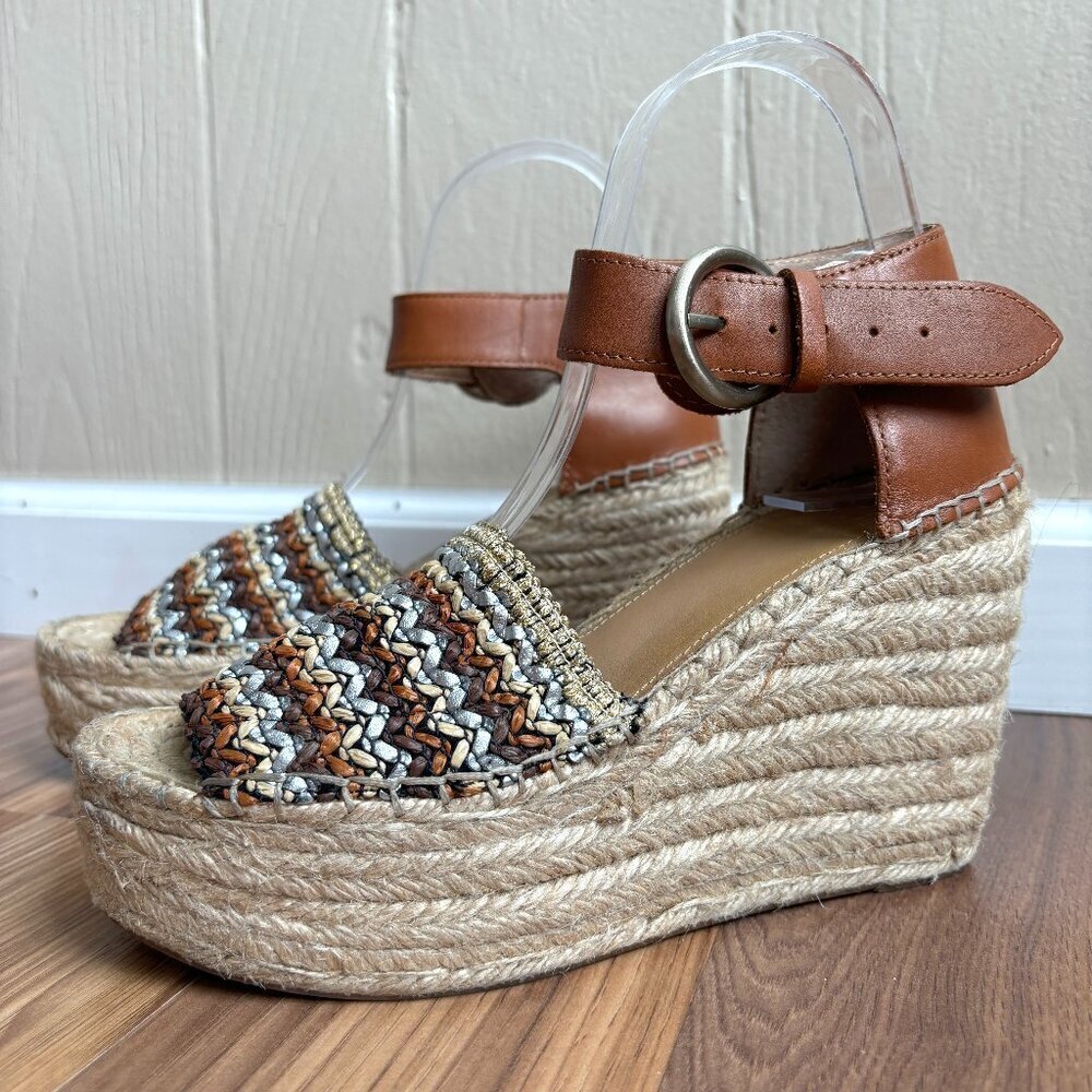 Marc Fisher Boho Leather Woven Metallic Upper Platform Wedge Summer Sandals